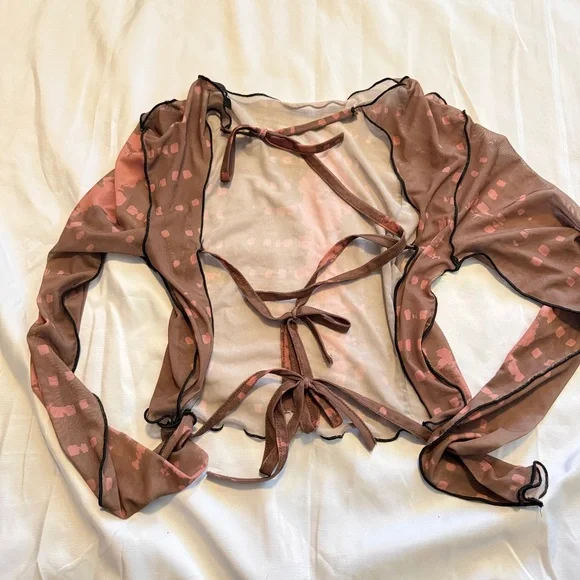 Boohoo Sheer Mesh Long Sleeve Top Size 6 Brown Pink Y2K Aesthetic - Picture 7 of 8